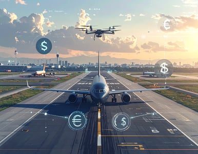 Firefly_Airport runway with commercial airplanes and drone, with digital overlays showing fin 440113